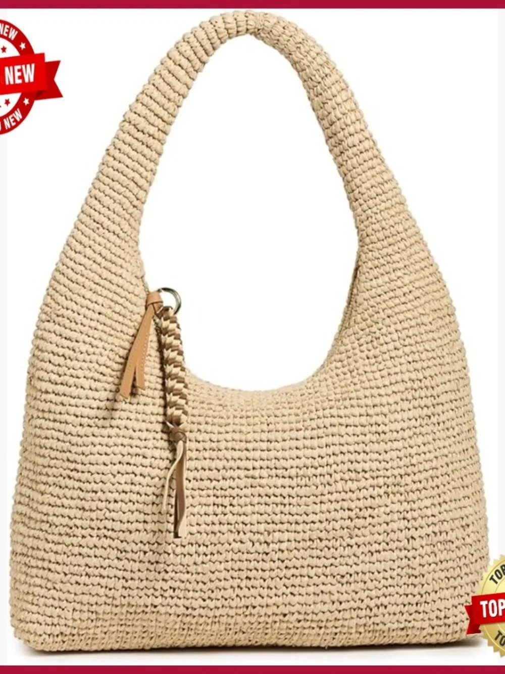Woven Raffia Hobo Bag with Shoulder Strap, Relaxed Silhouette, 8L Capacity